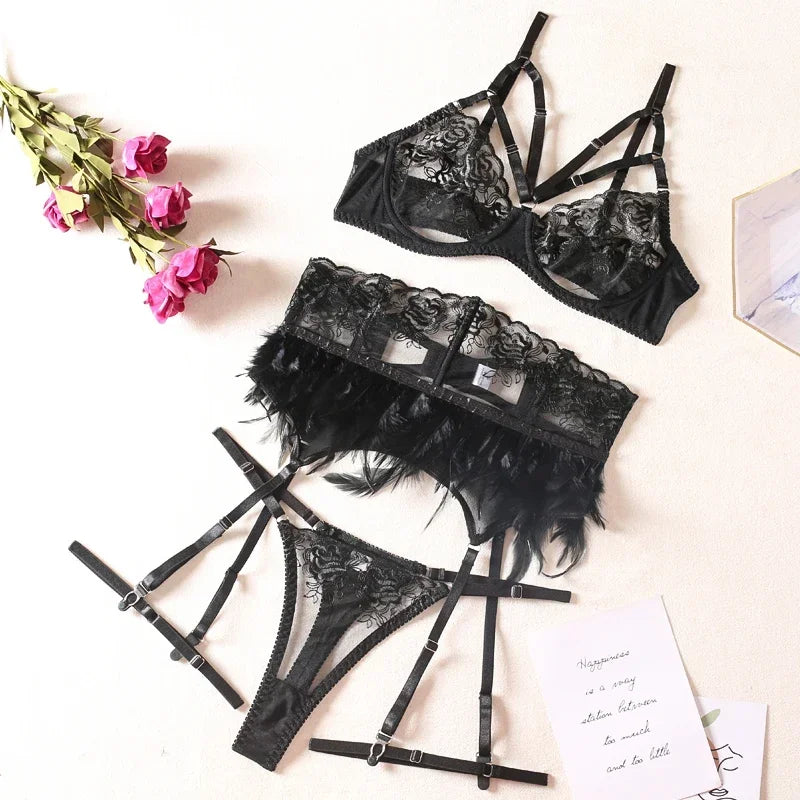 Ensemble Lingerie Dentelle Fine à Plumes