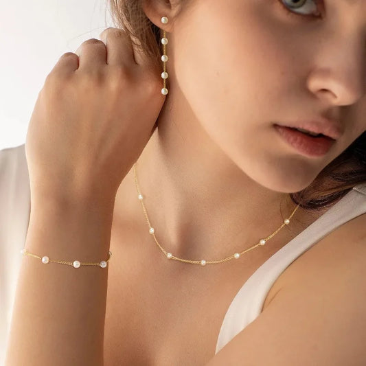 Parure Perles Fantaisie Dorée (Collier, Bracelet, Boucles d'Oreilles)
