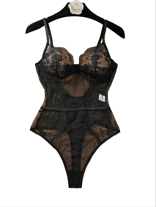Body Dentelle Noir Brodé Taille Haute Échancré