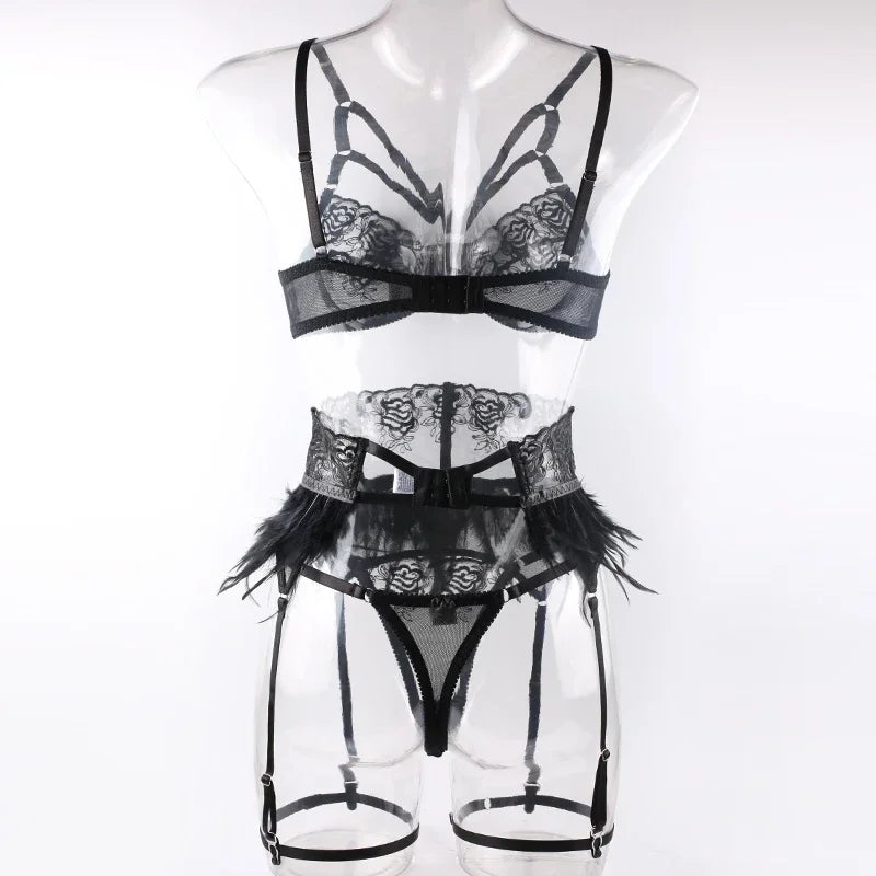 Ensemble Lingerie Dentelle Fine à Plumes