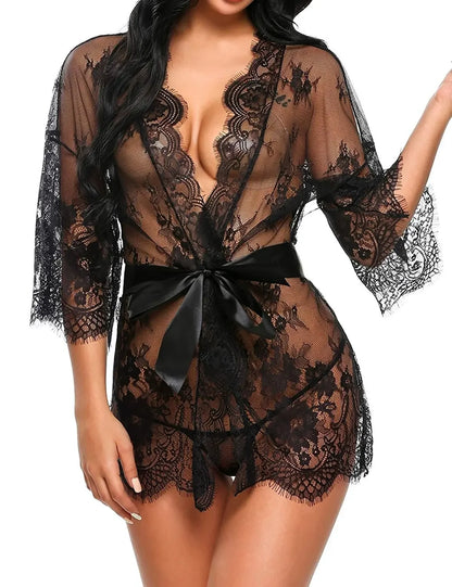 Nuisette Dentelle Transparente Col V avec String