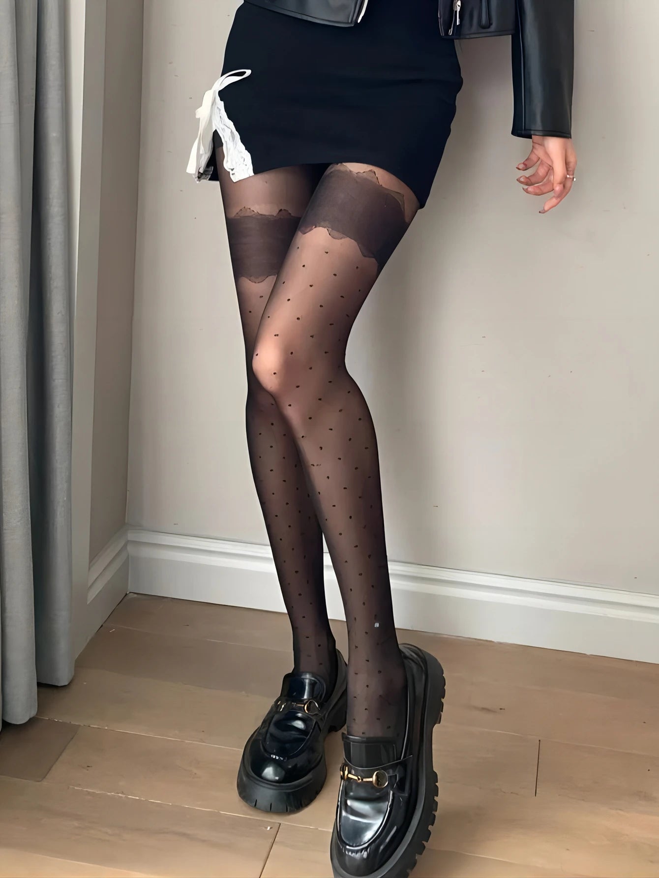 Collant Noir Motif Cœurs et Pois