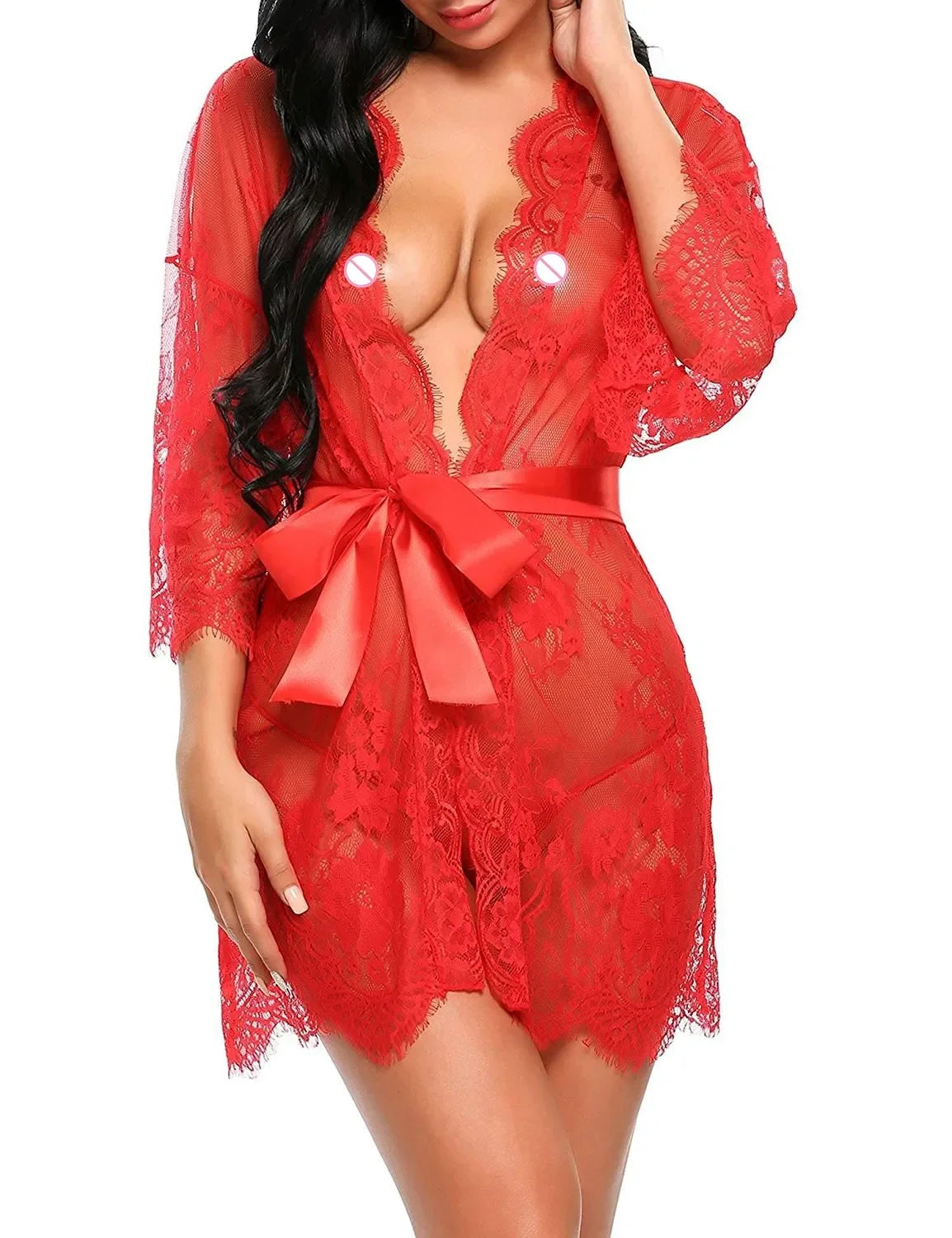 Nuisette Dentelle Transparente Col V avec String